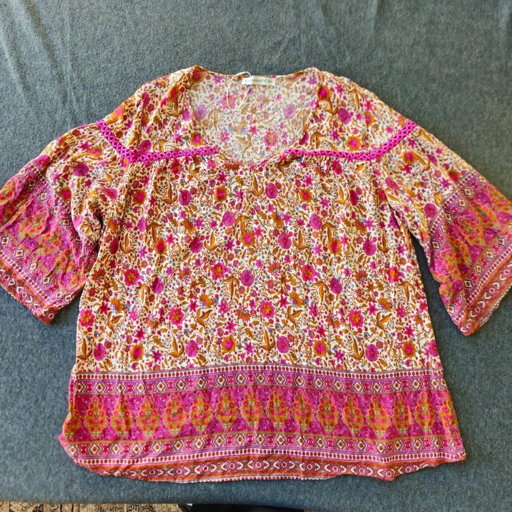 Rusttydustty 4XL Boho Floral Tunic Top Bell Sleeve Flowerchild Peasant Festival - Picture 8 of 9